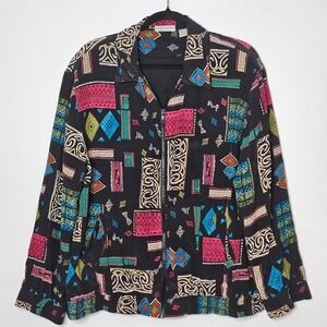 Alfred‎ Dunner Vintage Funky 100% Silk Geometric Retro Zip Front Jacket Women 14